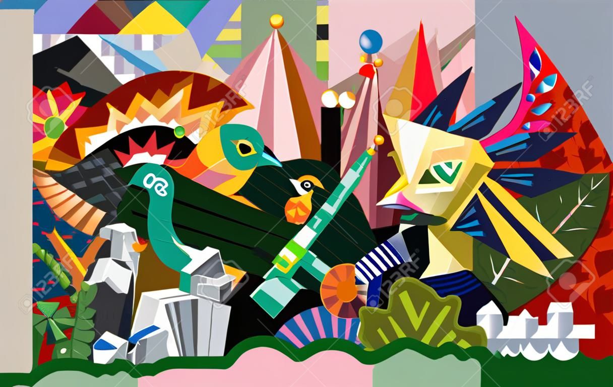 キュービズムスタイルの抽象的な壁画。抽象的な形の鳥、人、植物を持つグラフィックデザインポスター。現代のカラフルなアート。グラフィティプリント。ラスターコピーイラスト