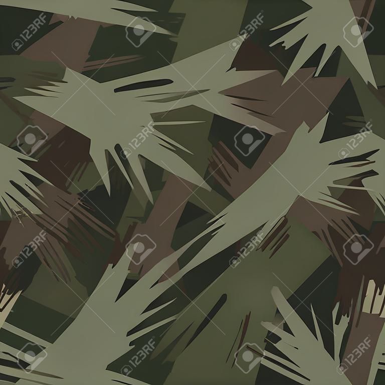 Fashion camouflage, modern design. Hand drawn camo with brush strokes. Grunge wing pattern. Green and black background. Textile printing. Vector seamless abstract texture
