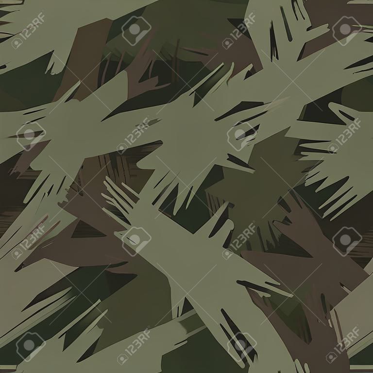 Fashion camouflage, modern design. Hand drawn camo with brush strokes. Grunge wing pattern. Green and black background. Textile printing. Vector seamless abstract texture