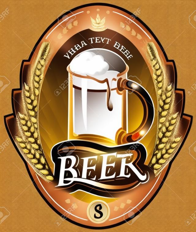 label with a glass of beer and a wreath of wheat ears