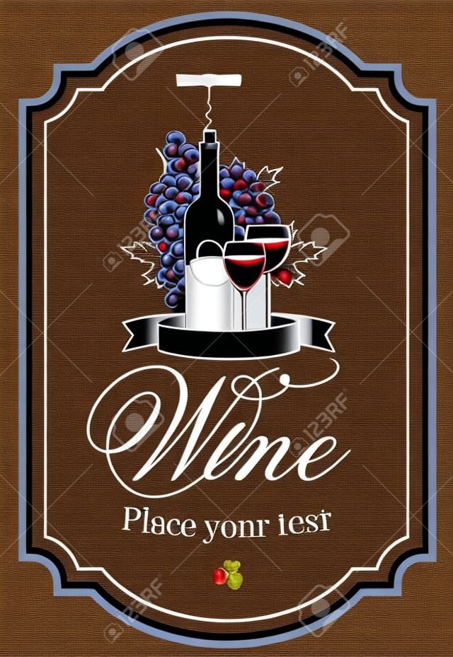 etiqueta para uma garrafa de vinho, copos e um monte de uvas