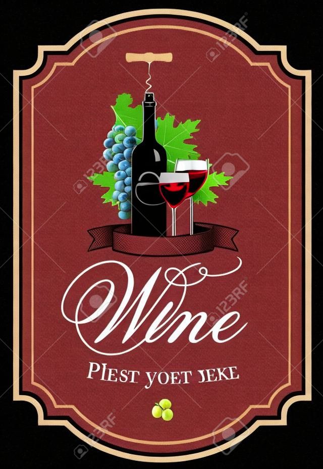 un'etichetta per una bottiglia di vino, bicchieri e un grappolo d'uva