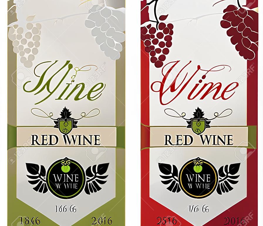 zwei Etiketten für Rot-und Weißwein mit Trauben und Amor