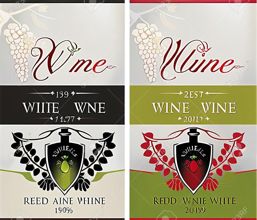zwei Etiketten für Rot-und Weißwein mit Trauben und Amor