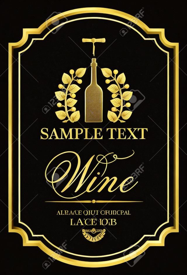 черный и золотой этикетка с бутылкой вина и штопор в лавровом венке