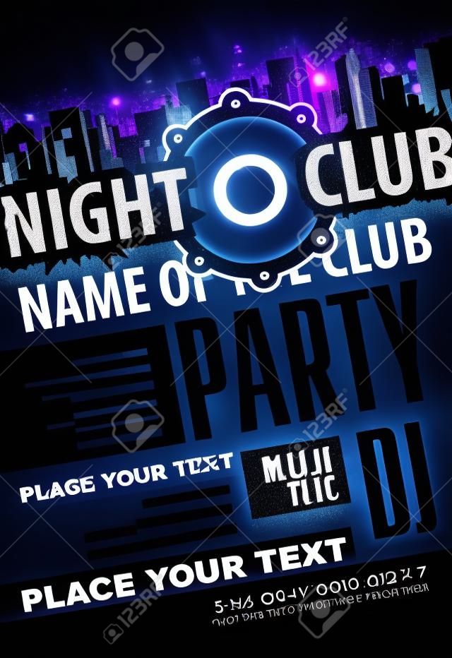 Playbill for the musical party in night club with speaker over modern city background