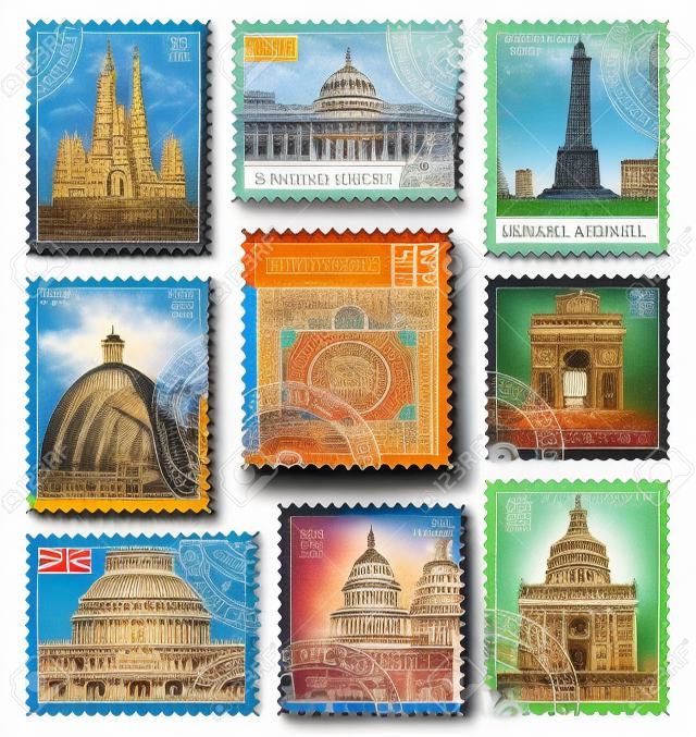 A set of stamps with landmarks from different countries