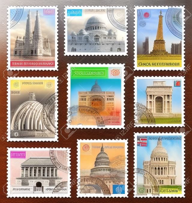 Een set van postzegels met bezienswaardigheden uit verschillende landen
