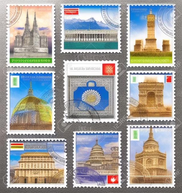 A set of stamps with landmarks from different countries