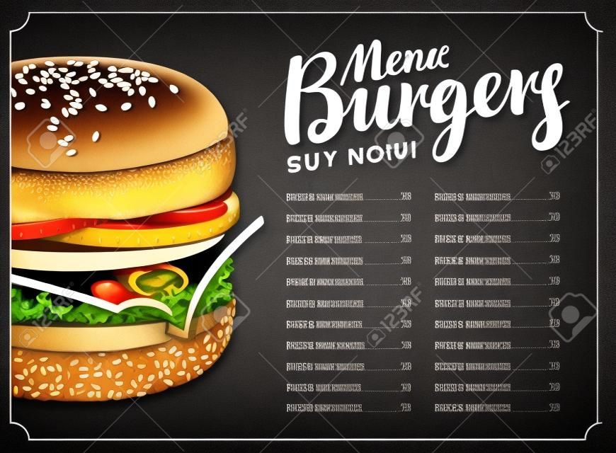 Меню прайс-лист для ресторана быстрого питания с гамбургером на черном фоне в стиле ретро