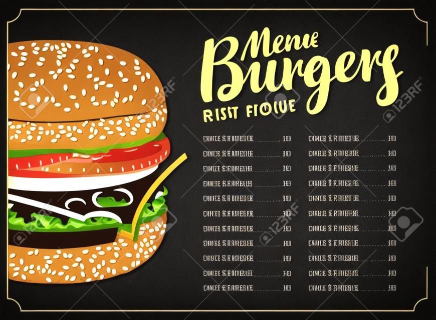 Меню прайс-лист для ресторана быстрого питания с гамбургером на черном фоне в стиле ретро