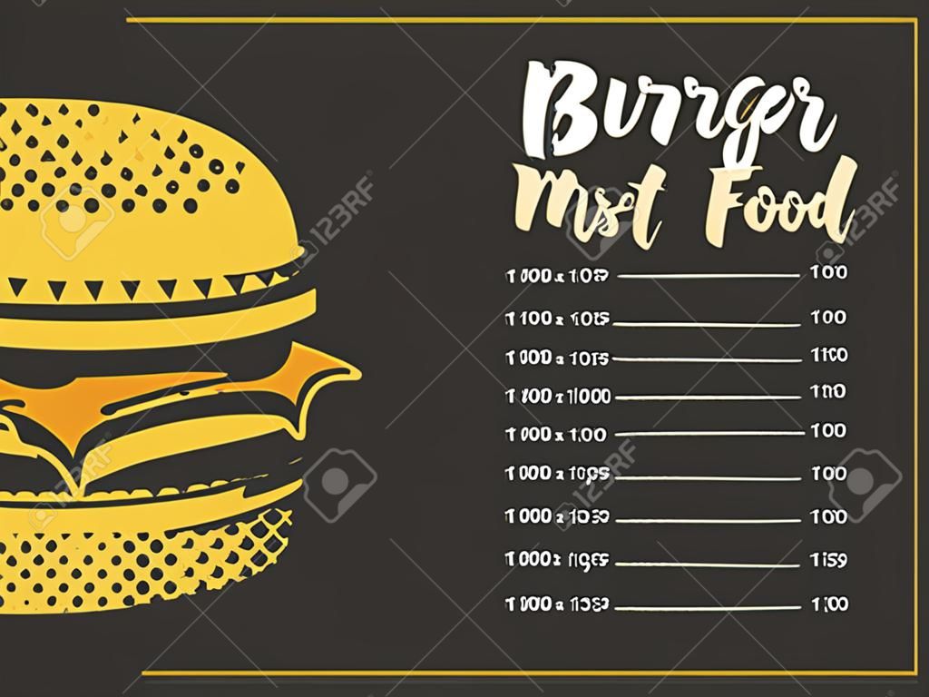 cennik menu dla restauracji fast food z burgerem na czarnym tle w stylu retro