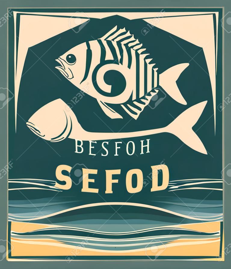 Retro bandiera per ristorante di pesce o negozio con pesce e iscrizioni contro il paesaggio marino di sfondo con spiaggia