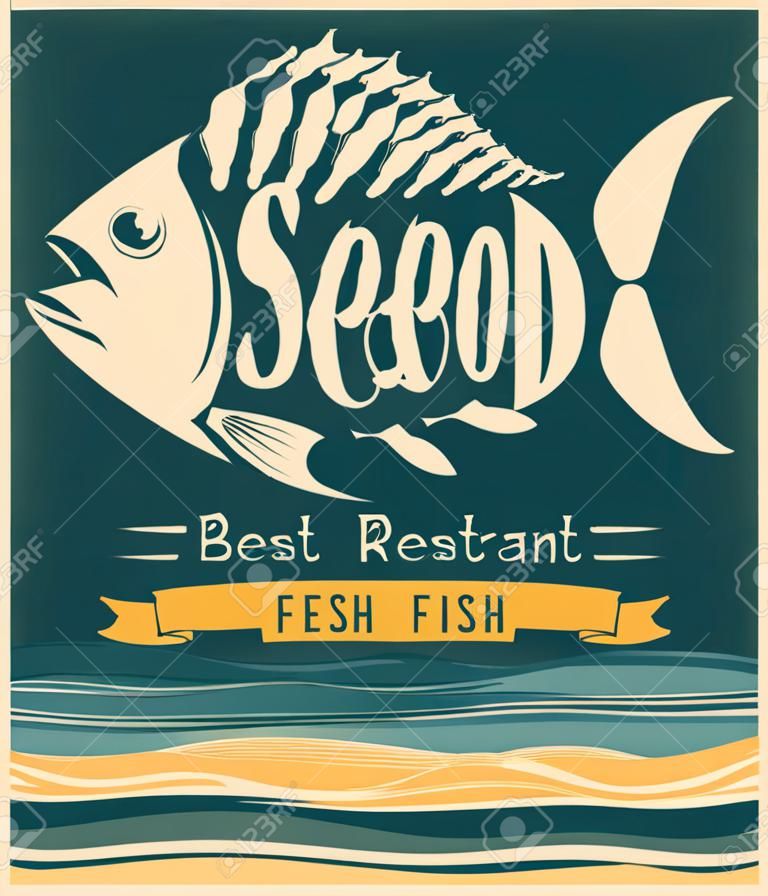 Retro bandiera per ristorante di pesce o negozio con pesce e iscrizioni contro il paesaggio marino di sfondo con spiaggia