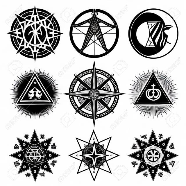 Vector conjunto de iconos y símbolos sobre el tema de la magia blanca, oculta, alquimia, mística, esotérica, religión, albañiles sobre fondo blanco. Se puede utilizar para el diseño de tatuajes o camisetas.