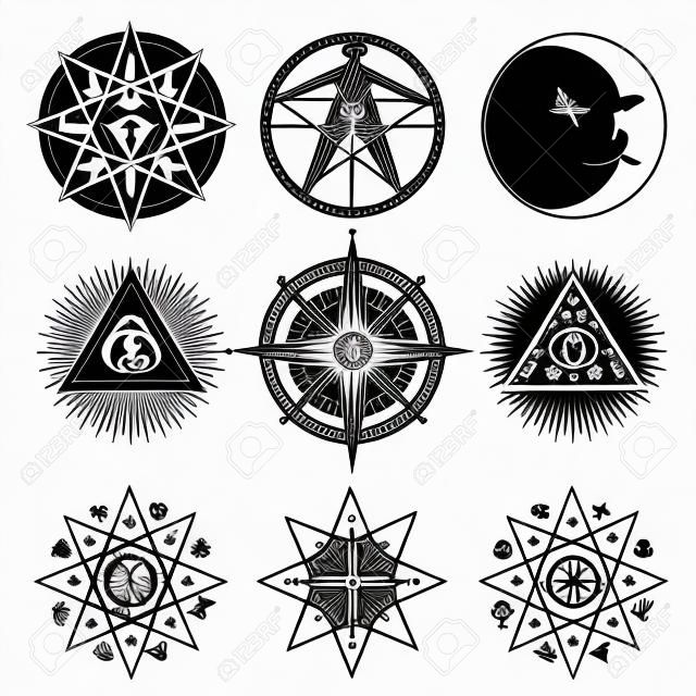 Vector conjunto de ícones e símbolos sobre o tema de magia branca, ocultismo, alquimia, místico, esotérico, religião, pedreiros no fundo branco. Pode ser usado para tatuagem ou design de camiseta
