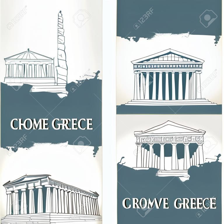 Conjunto de três banners de viagem sobre o tema da Grécia Antiga com desenhos a lápis de atrações gregas em estilo retro.