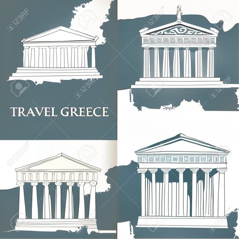 Conjunto de três banners de viagem sobre o tema da Grécia Antiga com desenhos a lápis de atrações gregas em estilo retro.