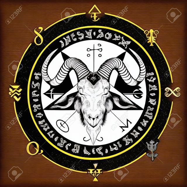 Bandeira do vetor com ilustração da cabeça de uma cabra com chifres e pentagrama inscrito em um círculo. O símbolo do Satanismo Baphomet no fundo do manuscrito antigo escrito em um círculo em estilo retro