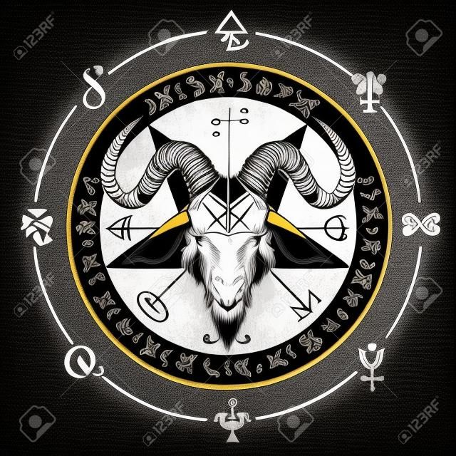 Vektorbanner mit Abbildung des Kopfes einer gehörnten Ziege und eines Pentagramms, das in einen Kreis eingeschrieben ist. Das Symbol des Satanismus Baphomet auf dem Hintergrund eines alten Manuskripts, das in einem Kreis im Retro-Stil geschrieben wurde