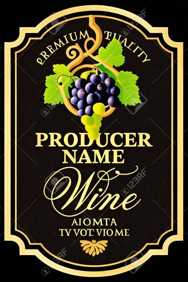 Etiqueta de vinho vetorial com cacho desenhado à mão de uvas e inscrição caligráfica em quadro figurado em estilo retro no fundo preto