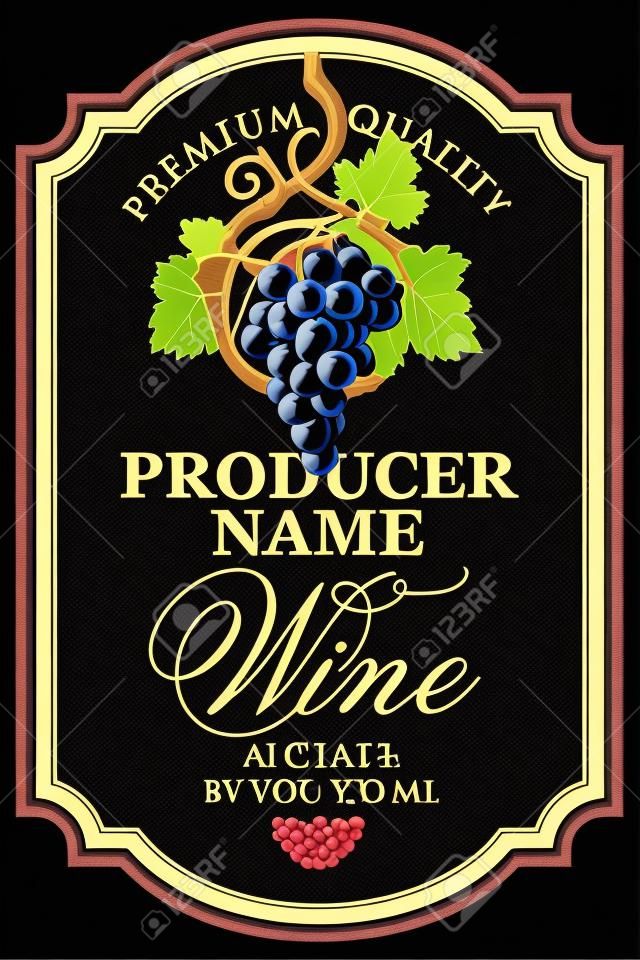 Etiqueta de vino de vector con racimo de uvas dibujado a mano e inscripción caligráfica en marco figurado en estilo retro sobre fondo negro