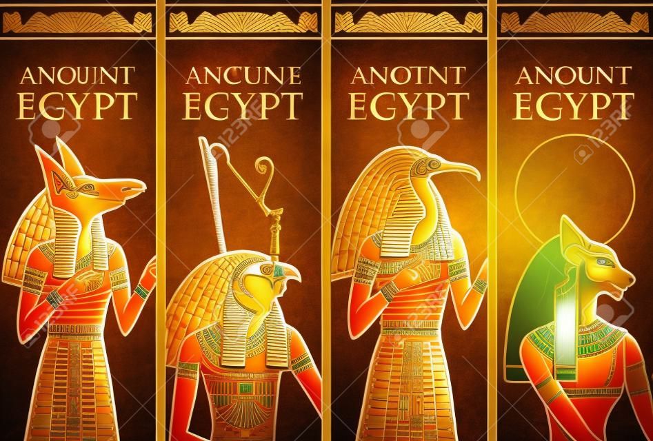 Set di banner vettoriali con divinità egizie - Horus, Thoth, Anubis, dea Bastet. Manifesti pubblicitari o volantini per agenzia di viaggi con geroglifici egizi e iscrizione Antico Egitto.