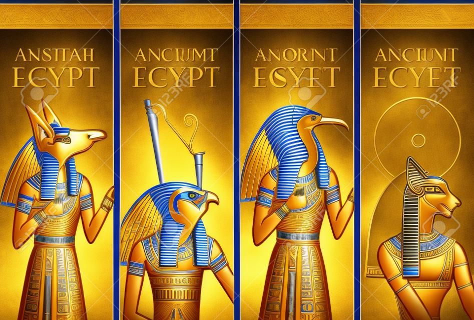Zestaw banerów wektorowych z egipskimi bogami - Horus, Thoth, Anubis, bogini Bastet. Plakaty reklamowe lub ulotki dla biura podróży z egipskimi hieroglifami i napisem Ancient Egypt.