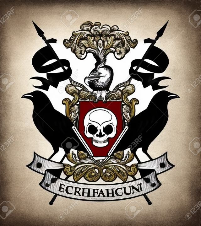 Vector heraldic Coat of arms with ravens, spears, ribbon, knightly helmet and shield with human skull. Medieval heraldry, emblem, sign, symbol in vintage style. Hand-drawn illustration