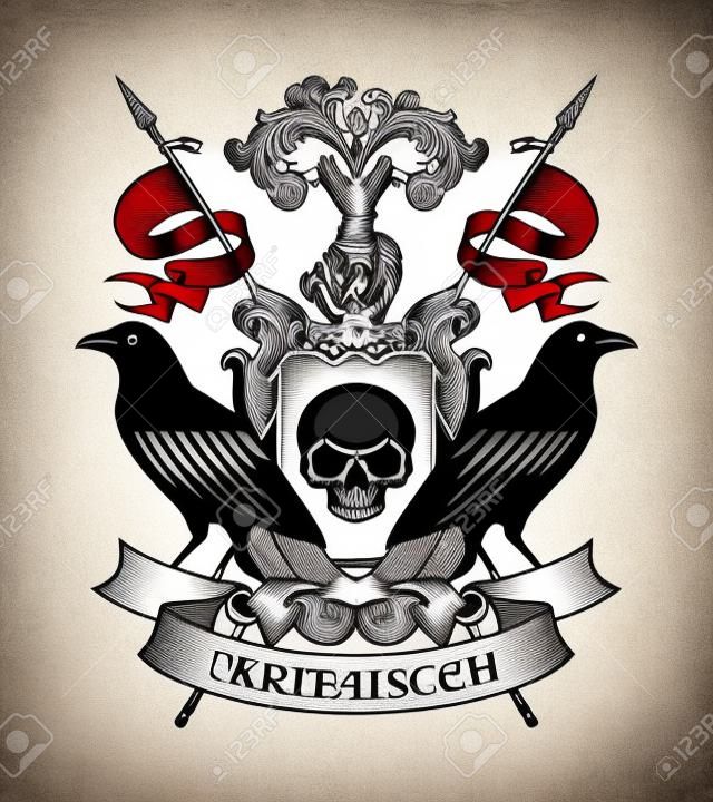 Vector heraldic Coat of arms with ravens, spears, ribbon, knightly helmet and shield with human skull. Medieval heraldry, emblem, sign, symbol in vintage style. Hand-drawn illustration