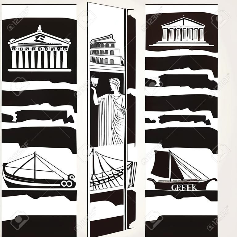 Set of three travel banners on the theme of Ancient Greece with pencil drawings of Greek attractions. Vector black and white illustrations with the inscription Greek culture.