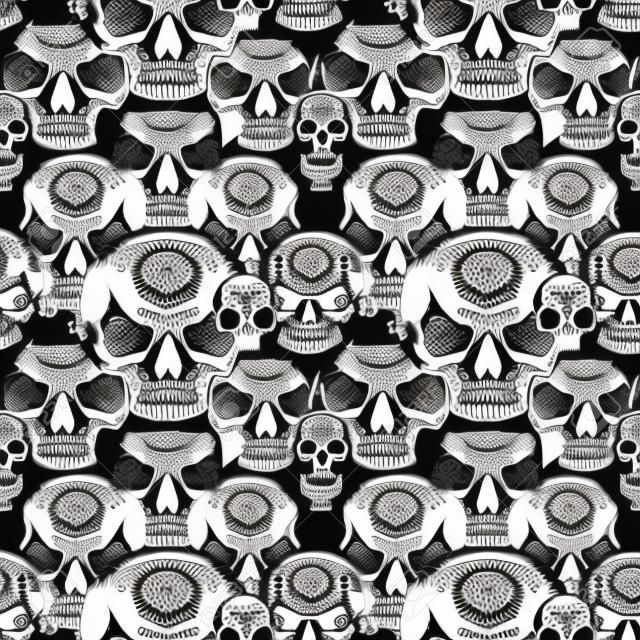 Seamless pattern with many human skulls. Repeating vector background with hand-drawn skulls. Graphic print for clothing, design element for Halloween, fabric, wallpaper, wrapping paper