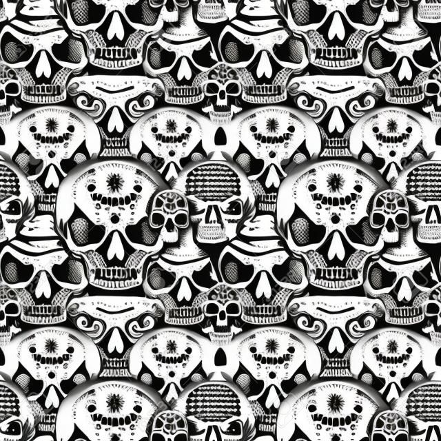 Seamless pattern with many human skulls. Repeating vector background with hand-drawn skulls. Graphic print for clothing, design element for Halloween, fabric, wallpaper, wrapping paper