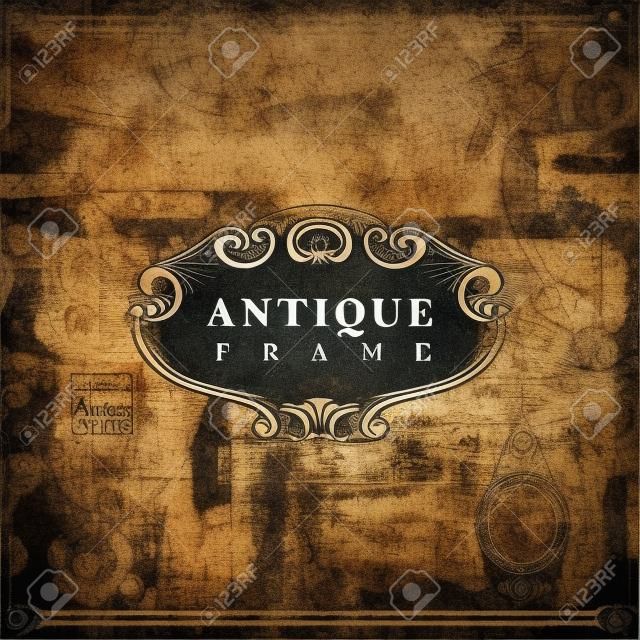Vector banner or antique frame on abstract hand-drawn background with vintage art objects, furniture and antiques in grunge style. Suitable for flyer, label, price tag, design element for antique shop