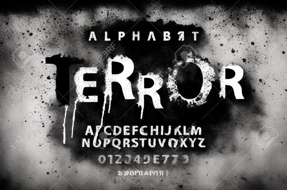 TERROR lettering in scary dripping bloody letters. Vector set of white alphabet letters and numbers in grunge style on a black background. Splash Alphabet. Horror font for headline, poster, label