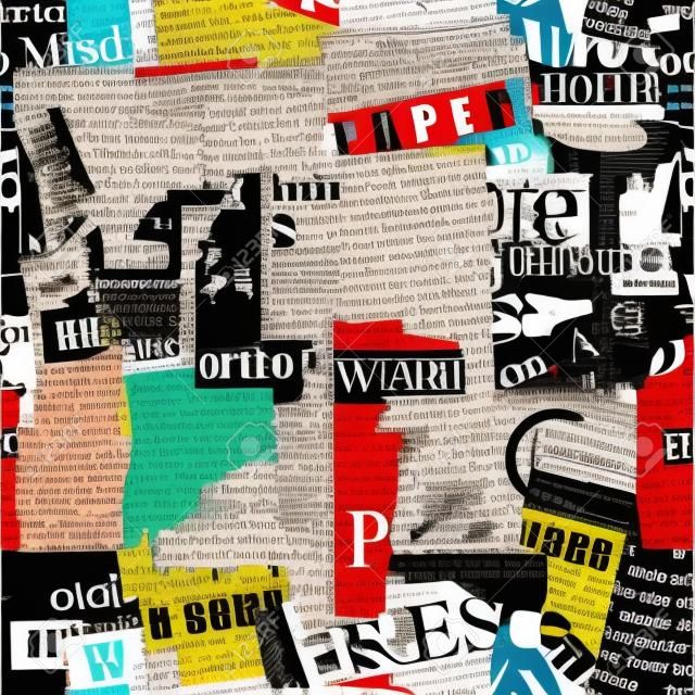 Abstract seamless pattern with a collage of old magazine and newspaper clippings. Vector background with illegible text, headlines and illustrations. Suitable for Wallpaper, wrapping paper, fabric