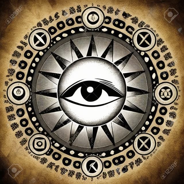 Banner vectorial con un ojo que todo lo ve dentro del sol, signos esotéricos, runas mágicas, símbolos alquímicos y masónicos escritos en un círculo. Ilustración decorativa dibujada a mano en estilo retro