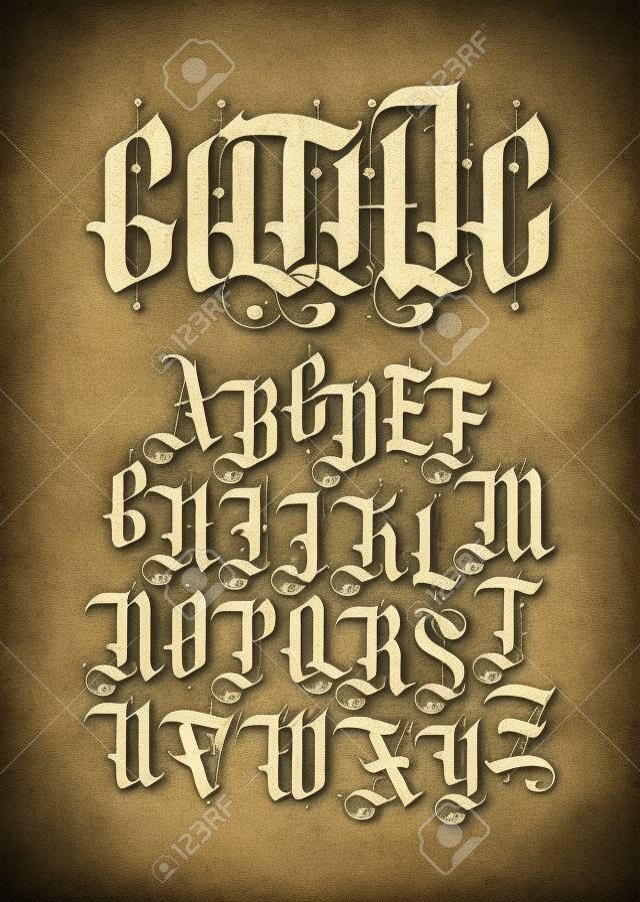 Gothic font. Set of capital letters of the English alphabet in vintage style on an old paper