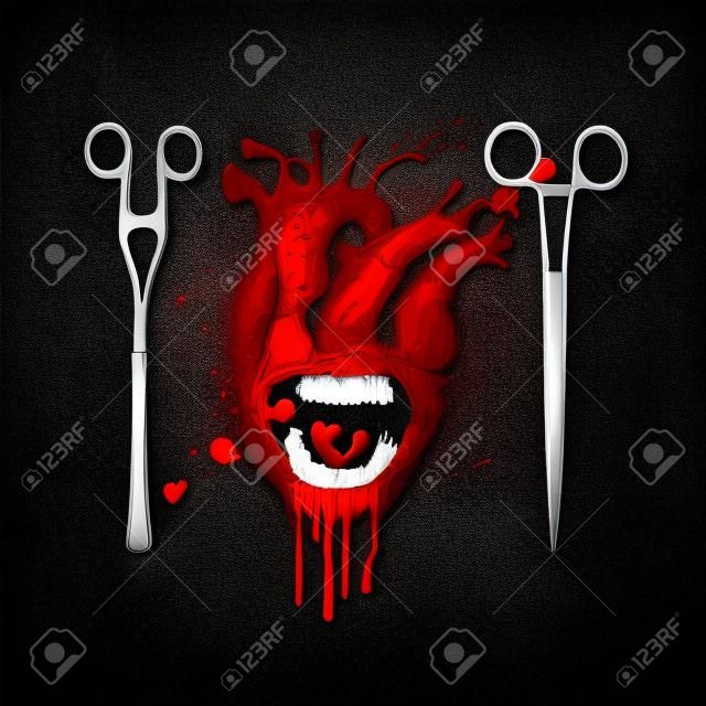 Horror vector banner with a red human heart, drops of blood and surgical instruments on a black background. Scary abstract illustration with bloody heart with a screaming mouth