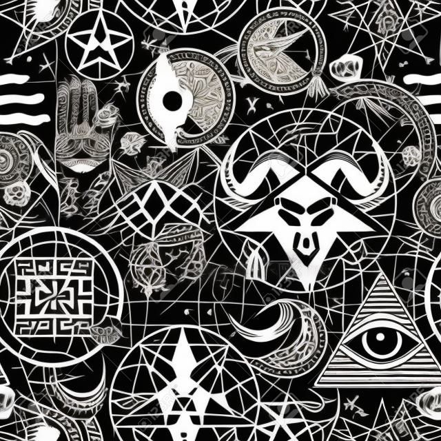 Abstract seamless pattern with hand-drawn ominous goat head, all-seeing eye, human skulls, occult and esoteric symbols on a black backdrop. Vector background in grunge style on the satanic theme