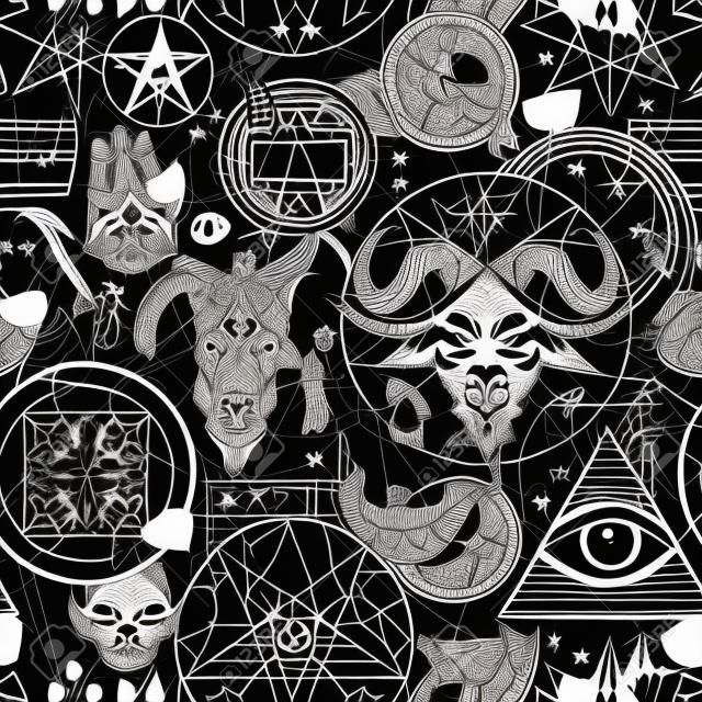Padrão sem emenda abstrato com cabeça de cabra sinistra desenhada à mão, olho que tudo vê, crânios humanos, símbolos ocultos e esotéricos em um pano de fundo preto.