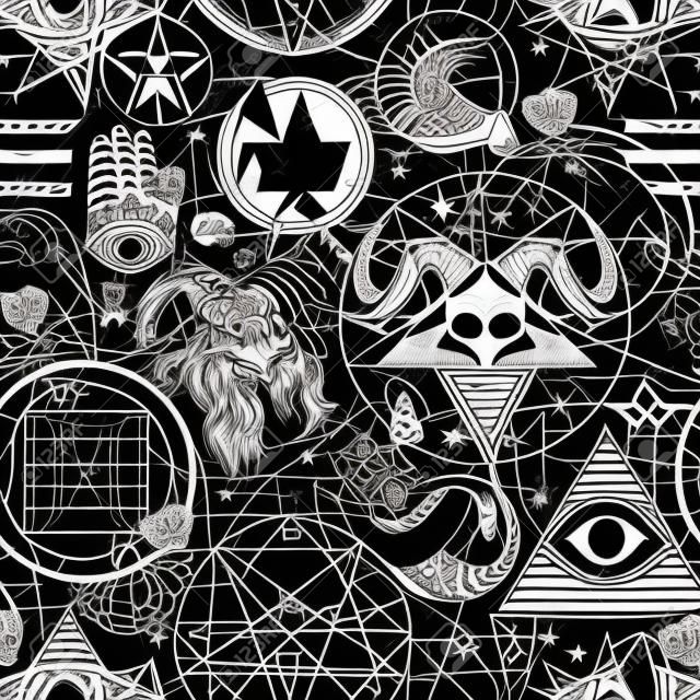 Abstrakcyjny wzór z ręcznie rysowaną złowrogą głową kozy, wszechwidzącym okiem, ludzkimi czaszkami, okultystycznymi i ezoterycznymi symbolami na czarnym tle. tło wektor w stylu grunge na szatański temat