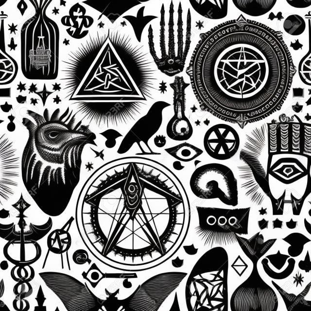 Motif abstrait harmonieux dessiné à la main sur un thème d'occultisme, de satanisme et de sorcellerie dans un style vintage. Fond de vecteur monochrome avec des croquis inquiétants. Dessins à la craie sur fond noir