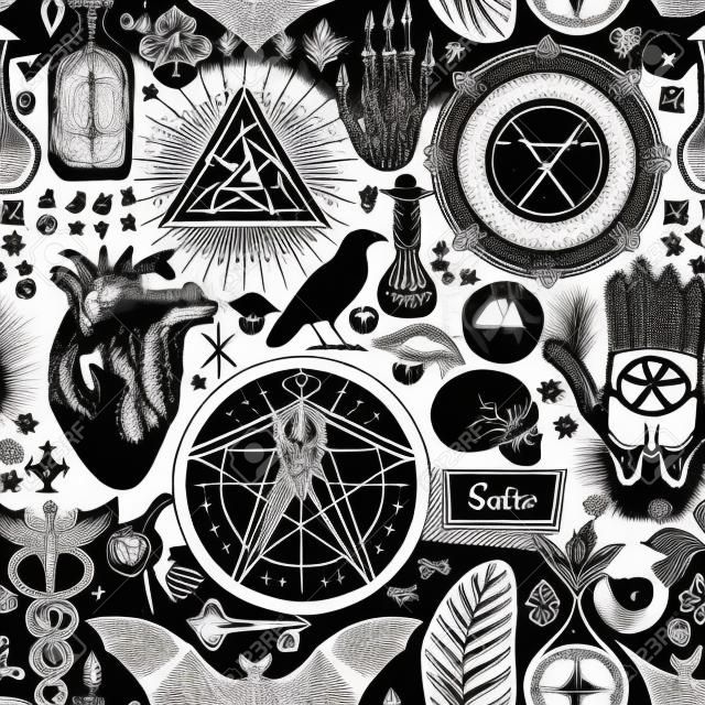 Abstrakcyjny, ręcznie rysowany wzór na temat okultyzmu, satanizmu i czarów w stylu vintage. monochromatyczne tło z złowieszczymi szkicami. rysunki kredą na czarnym tle