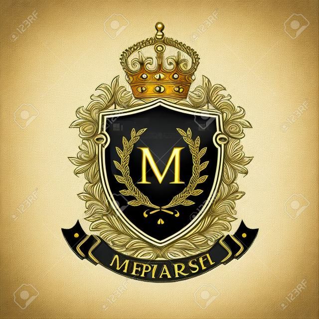 Wappen. Heraldischen königlichen Emblem Schild mit Krone und Lorbeerkranz. Heraldische vektorschablone.