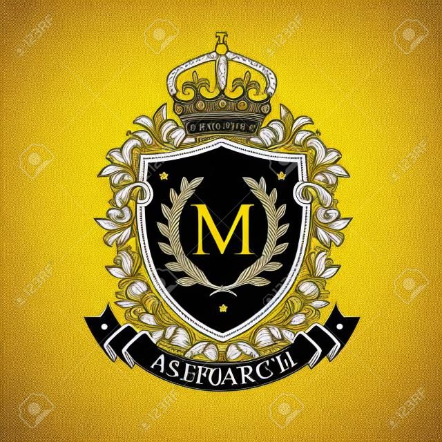 Wappen. Heraldischen königlichen Emblem Schild mit Krone und Lorbeerkranz. Heraldische vektorschablone.