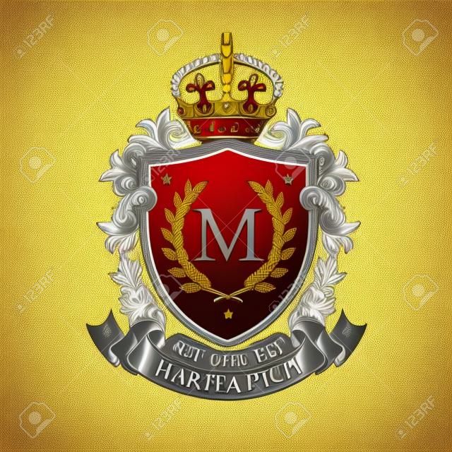 Brasão de armas. Escudo de emblema real heráldico com coroa e coroa de louro. Modelo de vetor heráldico.