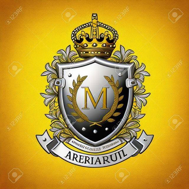 Brasão de armas. Escudo de emblema real heráldico com coroa e coroa de louro. Modelo de vetor heráldico.