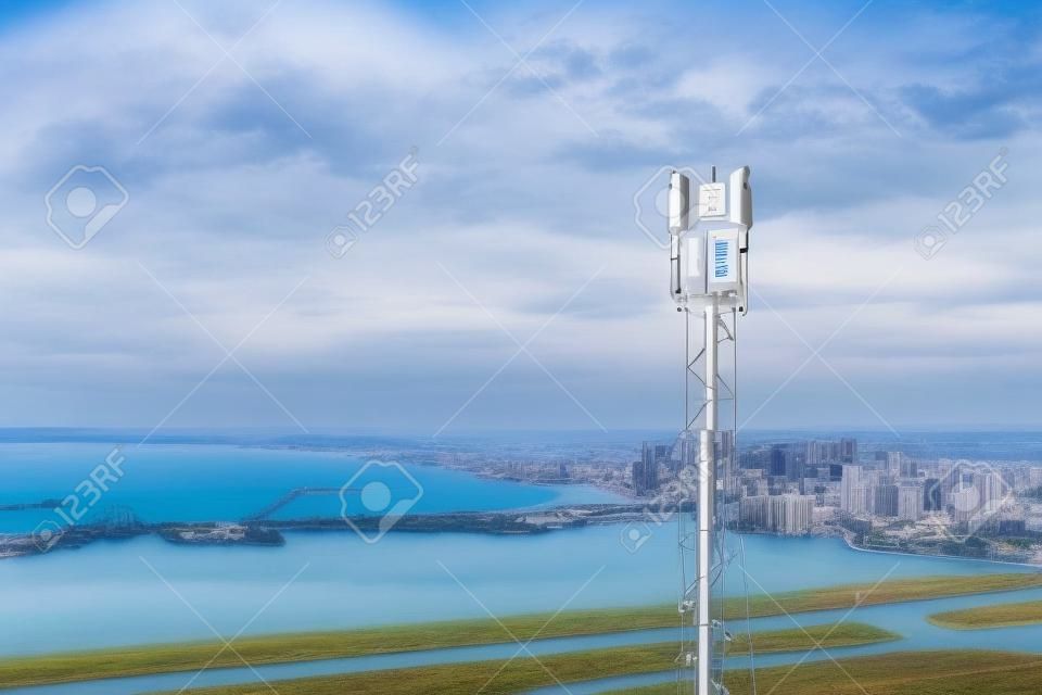 Cellular GSM tower with 3g, 4g, 5g transmitter. Communication antenna. Future technology