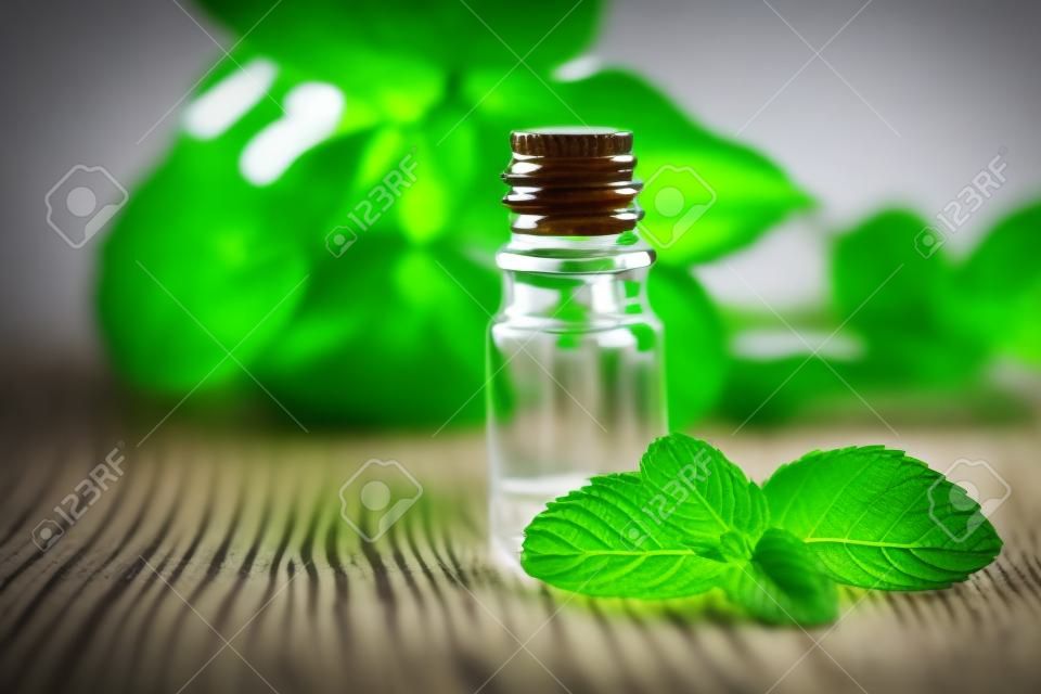 Botella de ámbar en blanco con aceite esencial Menta con hojas de menta fresca, aroma herbal en frasco de vidrio oscuro. concepto de aromaterapia
